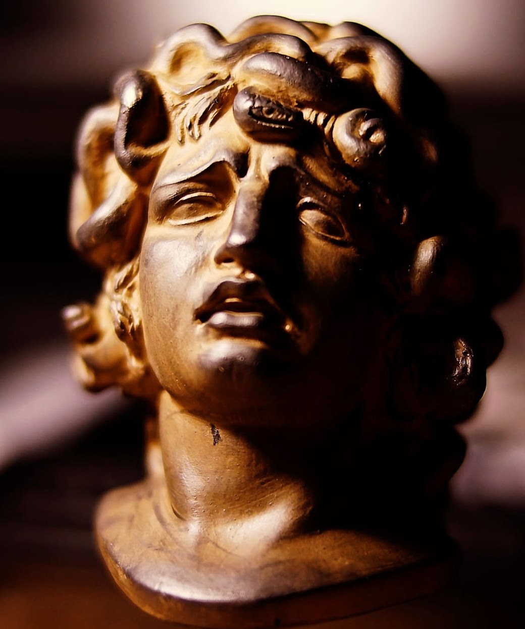 Busto escultórico iluminado con luz cálida y sombras profundas sobre el rostro.