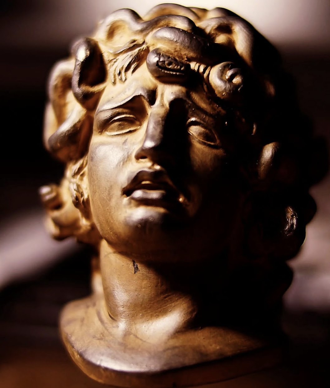 Busto escultórico con luz cálida, sombras profundas y fondo oscuro desenfocado.